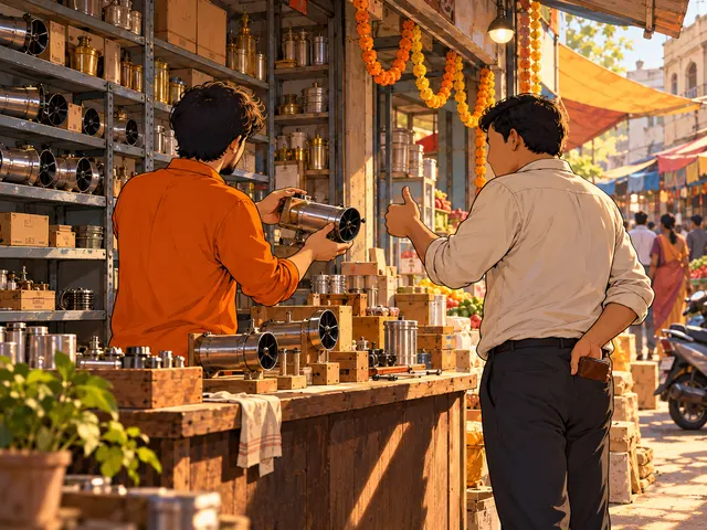 Illustration: at a busy shop counter, a shopkeeper gives a founder a thumbs-up while keeping his wallet behind his back.
