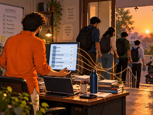Illustration: interns walk out at sunset holding keychains, with lines running back to the founder's screen listing email, drive, documents, accounts, social media and design files.