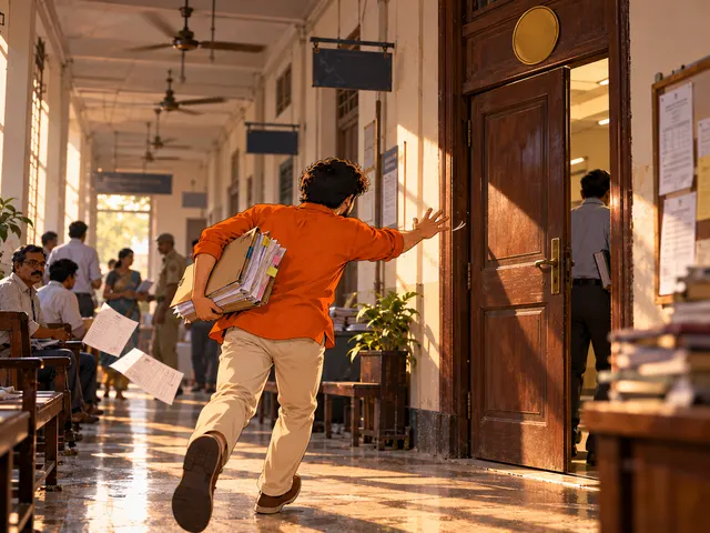 Illustration: a founder carrying a pile of files runs down a government-office corridor as a door swings shut.