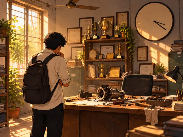 Illustration: a new hire with a backpack stands frozen before a wall of trophies and certificates and a half-built machine on the bench.