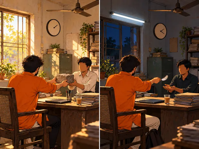 Illustration in two halves: in daylight a founder hands a candidate a heavy rock; at night he hands the next candidate a feather.
