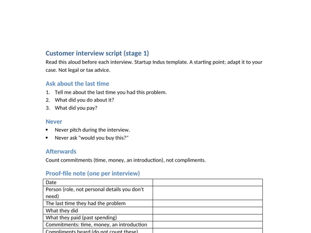 Preview of the first page of the Customer interview script